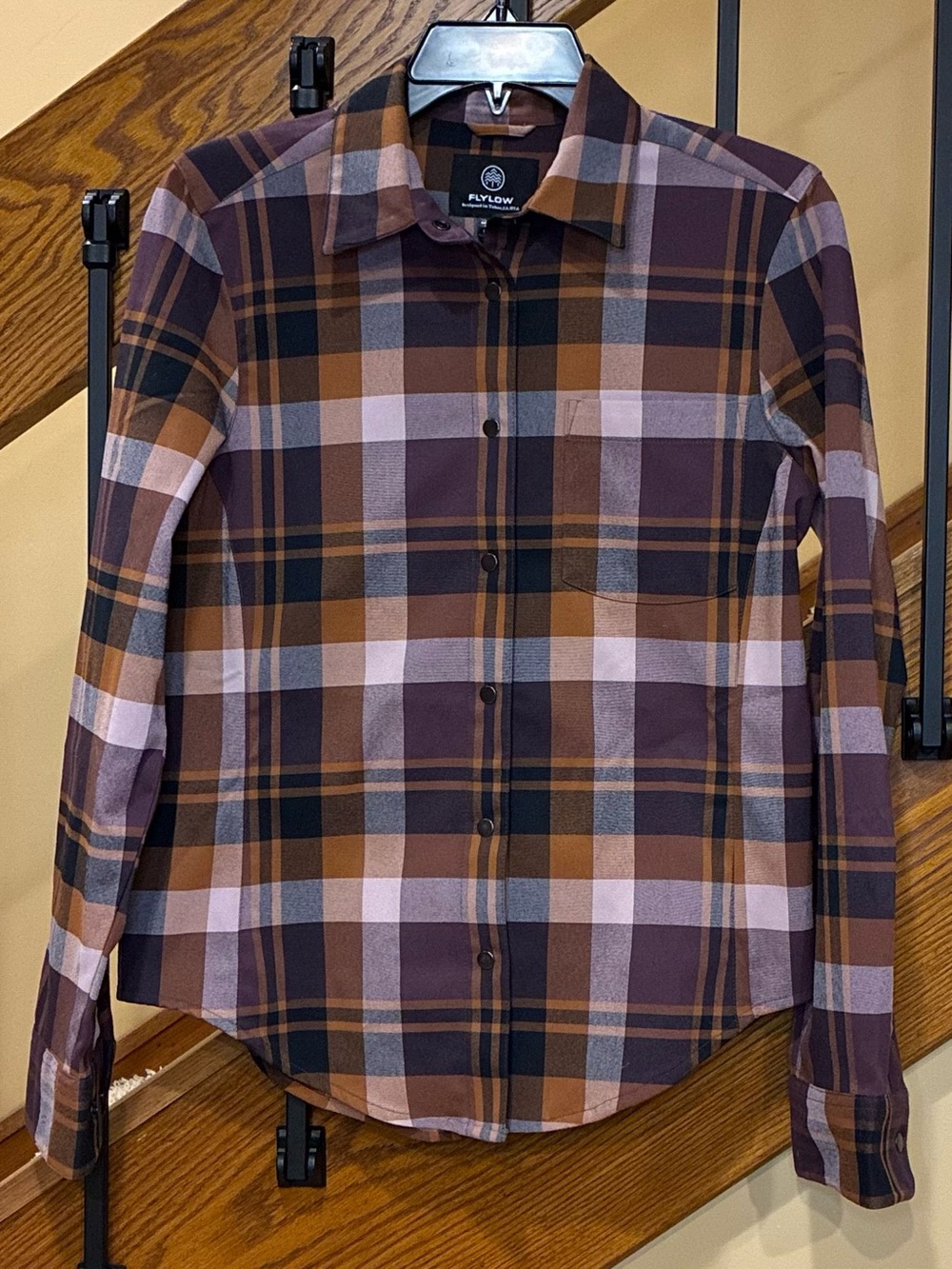 Flylow Top Brigitte Tech Flannel Shirt Plaid Hiking Snap Down brown multi SZ. Sm